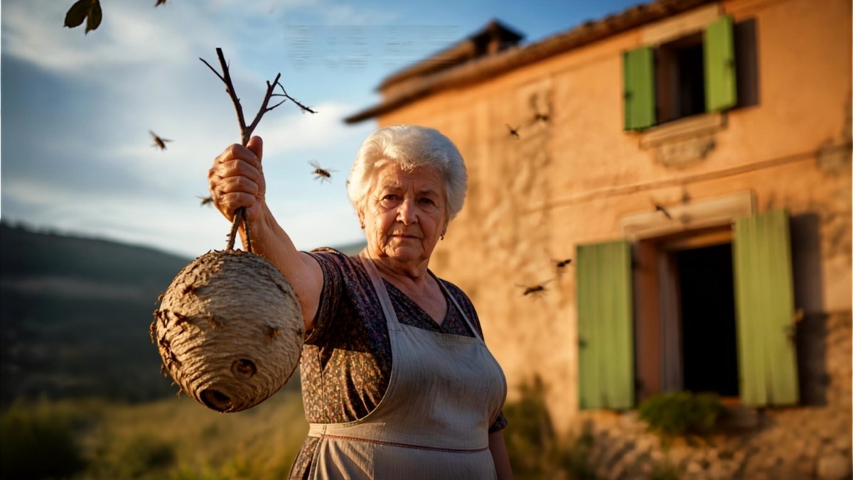 Montserrat Riera, retraitée de 78 ans, tenant un nid de guêpes devant sa maison squattée en Catalogne, expression déterminée pour récupérer son bien.