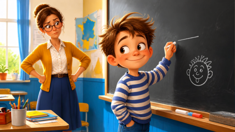 Petit garçon espiègle type Toto devant un tableau noir avec une maîtresse exaspérée mais amusée dans une salle de classe lumineuse