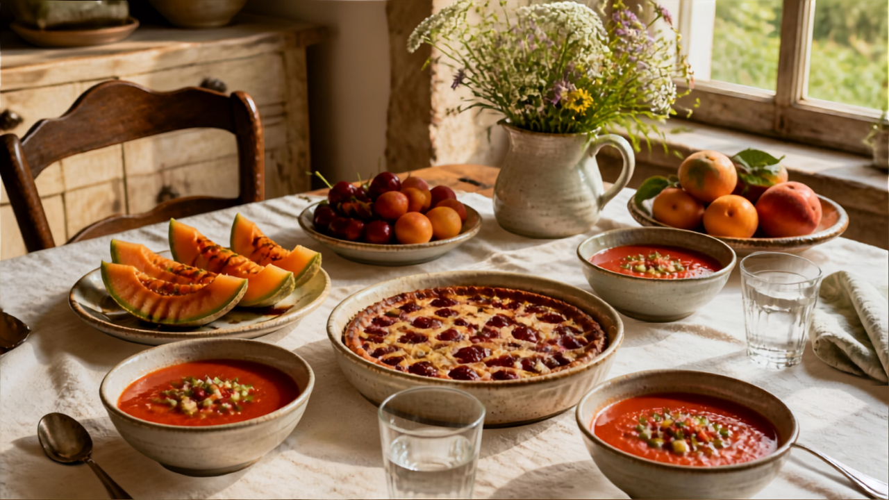 Table familiale dressée pour le 15 août avec clafoutis aux cerises, gaspacho et melon, illustration recettes traditionnelles menu Assomption.