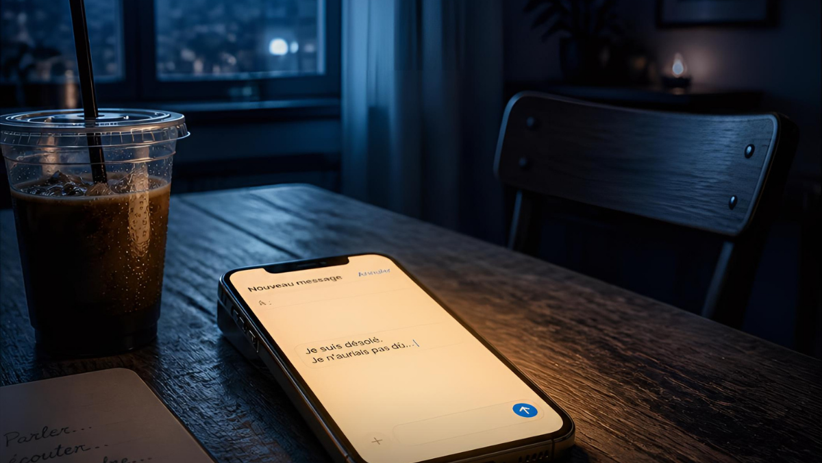 Smartphone avec message en brouillon sur table en bois, chaise vide - Le Message : histoire touchante sur les non-dits et les regrets