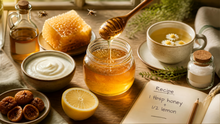 Flat-lay vintage des ingrédients du miel : pot de miel doré avec cuillère, citron, thym, vinaigre de cidre, yaourt, figues, tisane, sel, carnet de recettes – article sur les 15 bienfaits du miel pour la santé, la beauté et la cuisine
