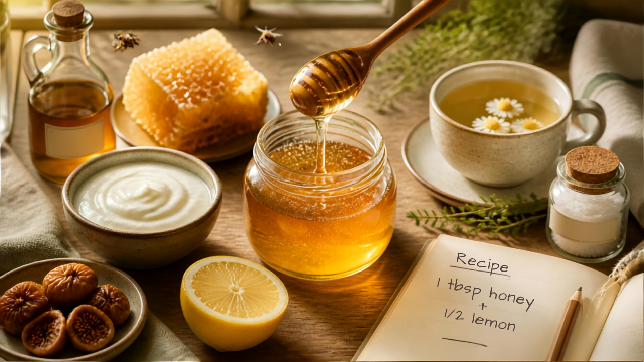 Flat-lay vintage des ingrédients du miel : pot de miel doré avec cuillère, citron, thym, vinaigre de cidre, yaourt, figues, tisane, sel, carnet de recettes – article sur les 15 bienfaits du miel pour la santé, la beauté et la cuisine