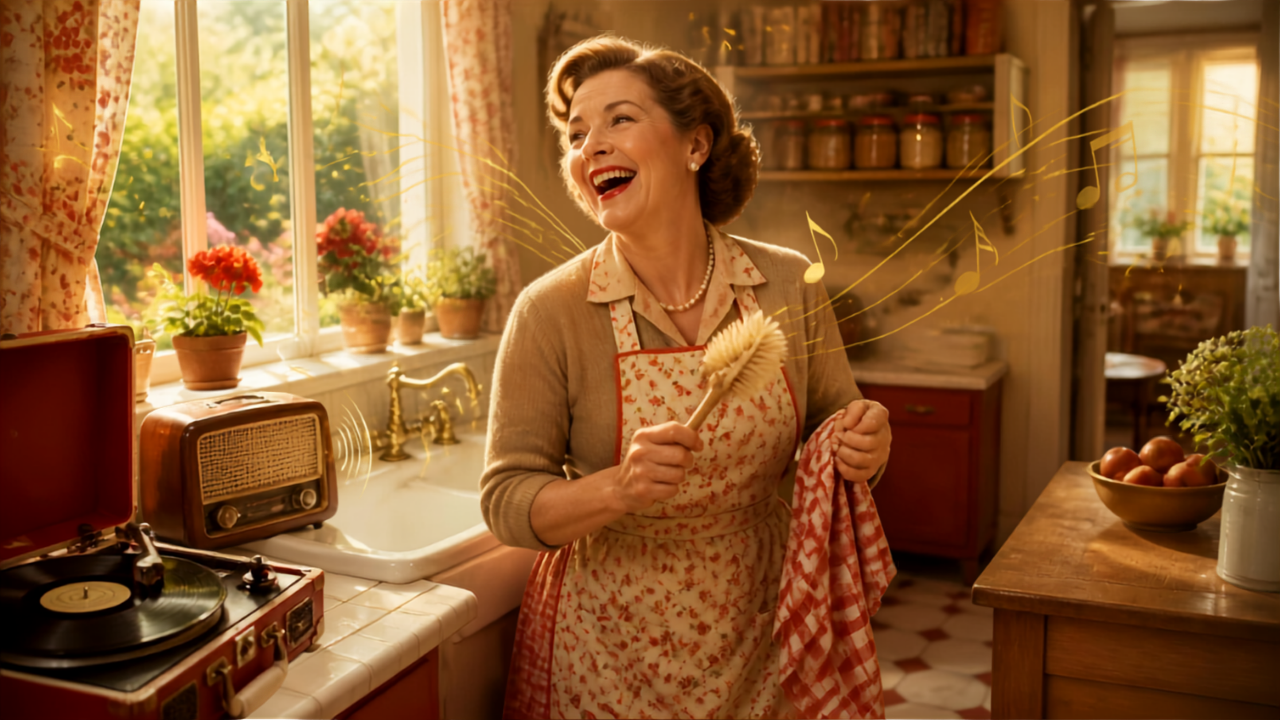 Grand-mère souriante chantant en faisant la vaisselle dans une cuisine vintage des années 1950, avec un tourne-disque rouge, un poste de radio ancien et des notes de musique dorées flottant dans l'air – illustration de l'article sur la musique pour nettoyer la maison