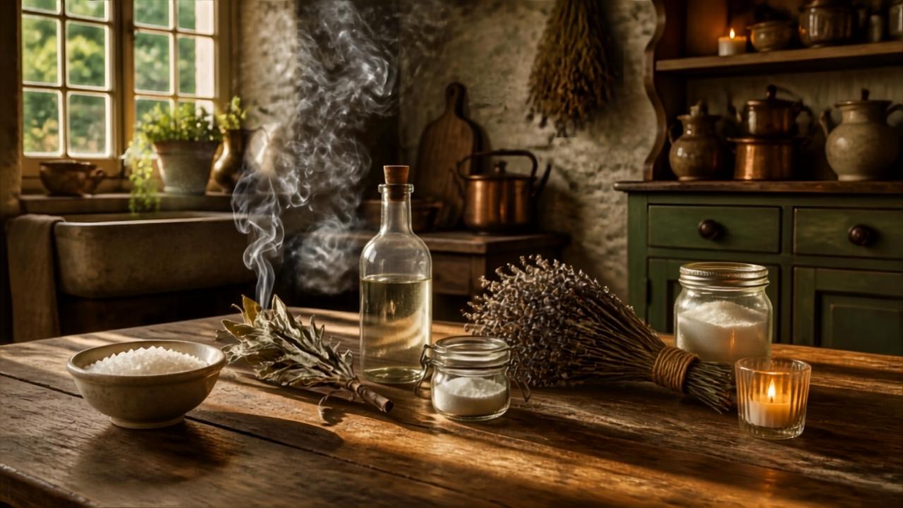 Nature morte d'inspiration vintage : table en bois avec une coupelle de sel, un bâton de sauge fumant, une bouteille de vinaigre blanc, un bouquet de lavande séchée et du bicarbonate de soude – illustration de l'article sur le nettoyage énergétique maison selon les traditions de grand-mère