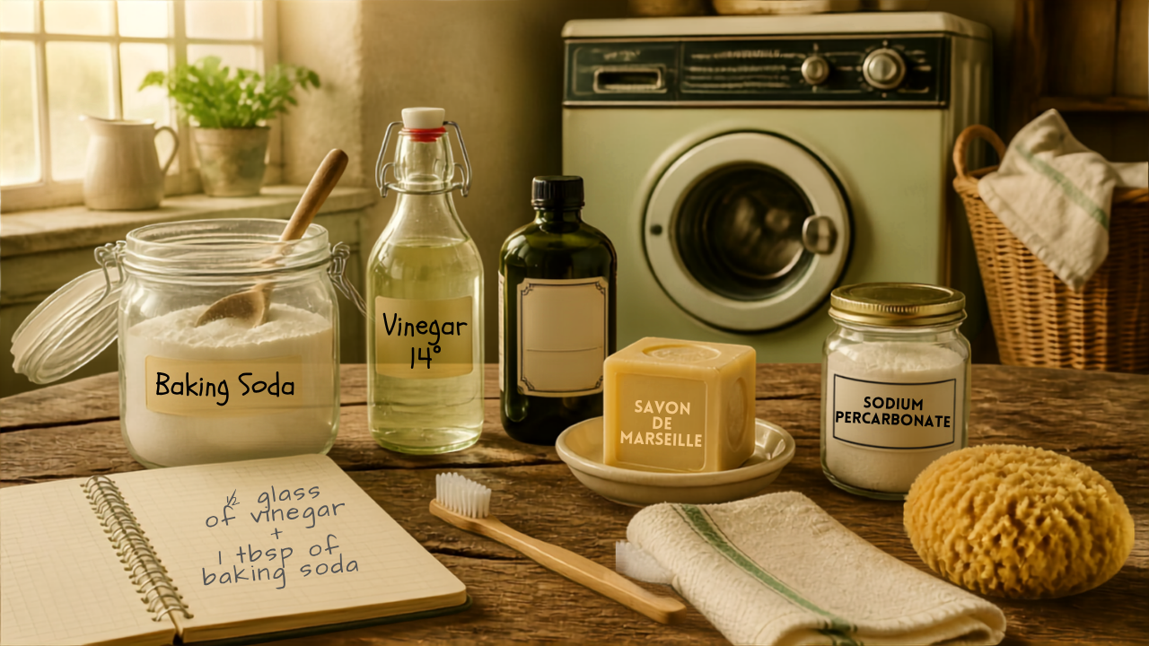 Flat-lay vintage des ingrédients pour nettoyer son lave-linge : bicarbonate de soude, vinaigre blanc, savon noir, savon de Marseille, percarbonate, brosse à dents et chiffon – article sur les astuces de grand-mère pour l'entretien du lave-linge