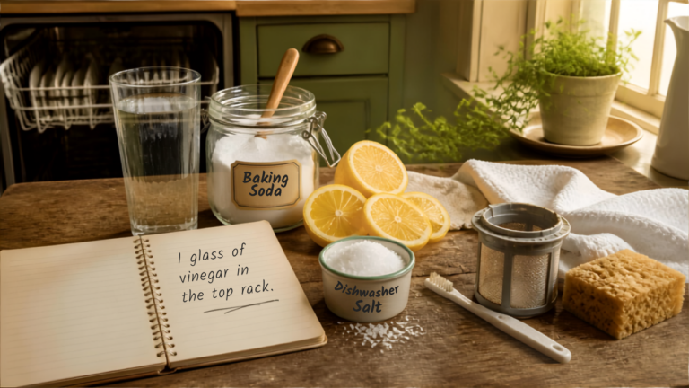 Flat-lay vintage des ingrédients pour nettoyer son lave-vaisselle : vinaigre blanc dans un verre, bicarbonate de soude, citron, sel régénérant, brosse à dents, chiffon et filtre de lave-vaisselle – article sur les astuces de grand-mère pour l'entretien du lave-vaisselle