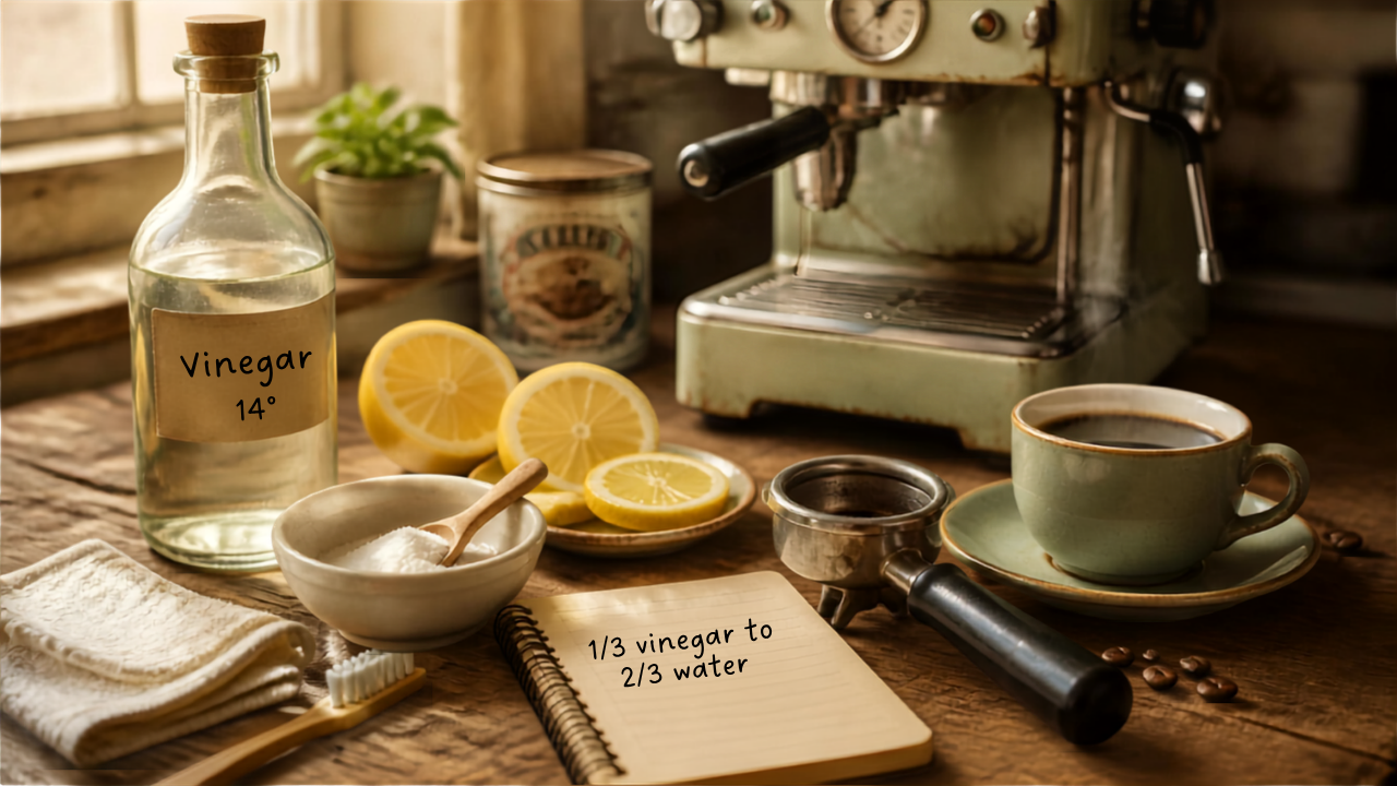 Flat-lay vintage des ingrédients pour nettoyer sa machine à café : vinaigre blanc, citron, bicarbonate de soude, tasse de café fumant, porte-filtre, brosse à dents et grains de café – article sur les astuces de grand-mère pour l'entretien de la machine à café