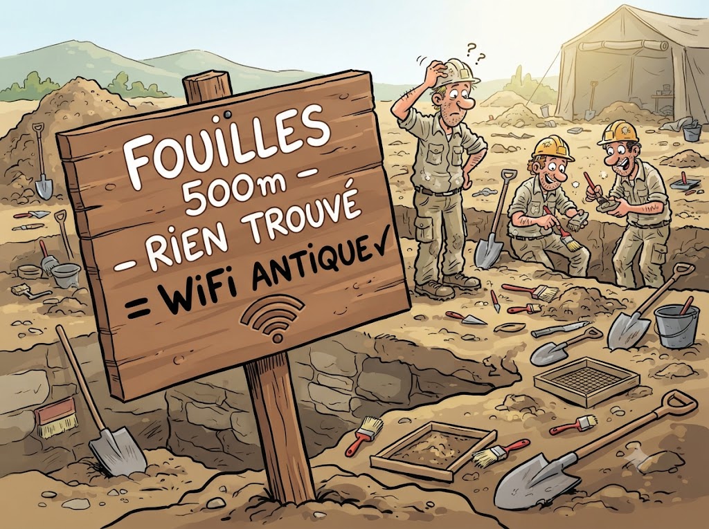 Panneau humoristique dans un chantier de fouilles indiquant "Rien trouvé = WiFi antique"