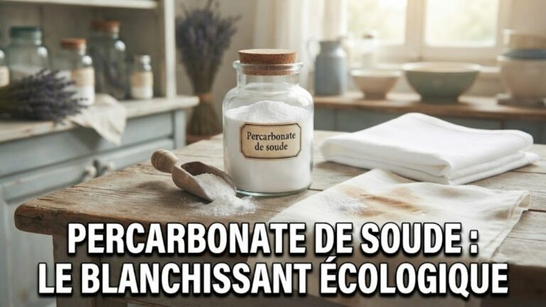 Bocal de percarbonate de soude blanc, cuillère en bois, linge blanc éclatant, tache de café en disparition - le blanchissant écologique de grand-mère