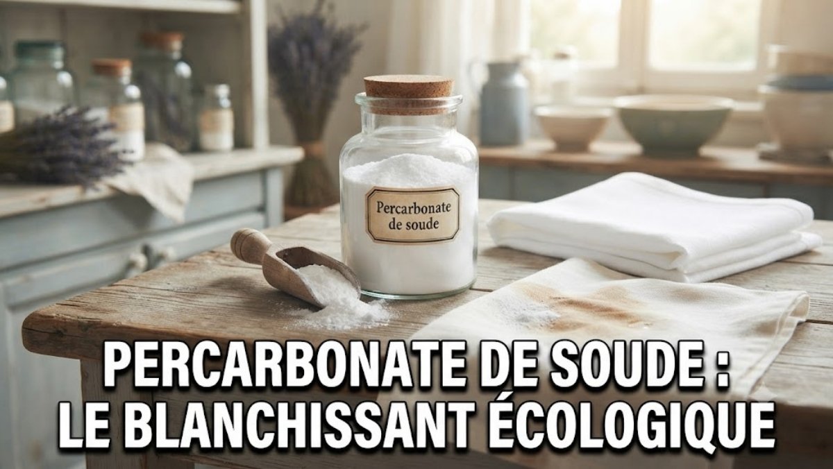 Bocal de percarbonate de soude blanc, cuillère en bois, linge blanc éclatant, tache de café en disparition - le blanchissant écologique de grand-mère