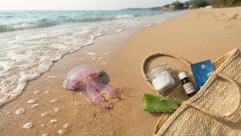 Piqûre de méduse : trousse naturelle de grand-mère sur la plage (bicarbonate, aloe vera, lavande)