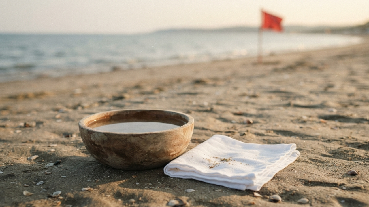 Bol en bois avec vinaigre blanc et linge propre sur une plage, remède naturel validé contre les piqûres de méduses sur les côtes françaises.