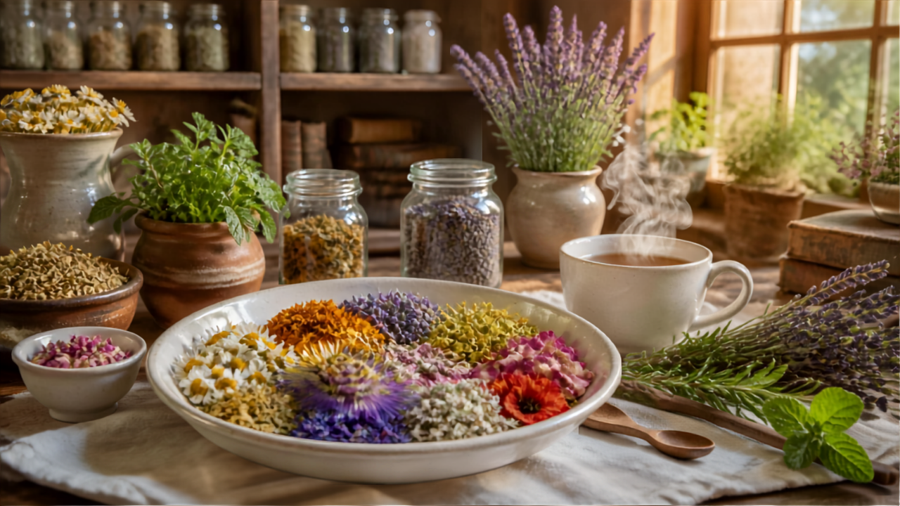 Assortiment de 10 plantes médicinales : camomille, souci, lavande, tilleul, aubépine, coquelicot, sureau, passiflore, bleuet, rose - guide complet des bienfaits et utilisations