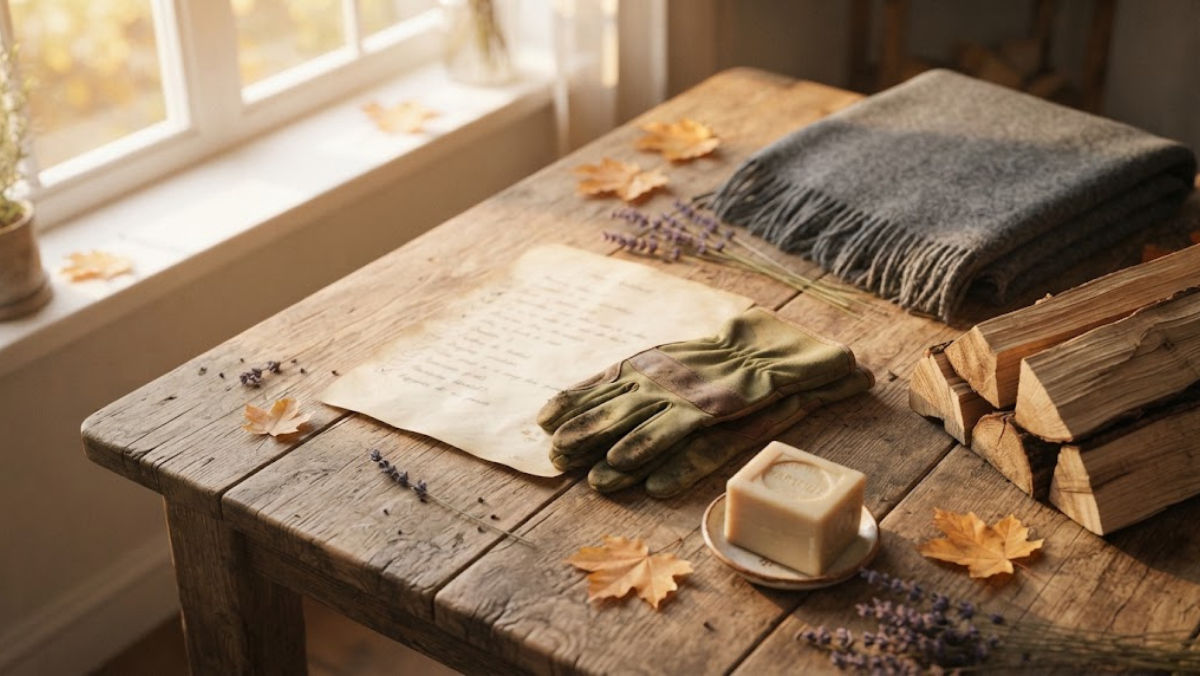 Table en bois rustique avec checklist, gants de jardinage, savon de Marseille, bûche et plaid, les 12 gestes pour préparer sa maison à l'automne.