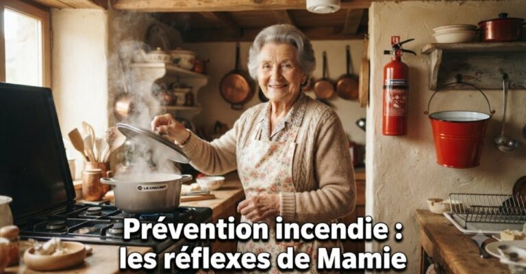Prévention incendie maison : une grand-mère avec un couvercle et un seau d'eau dans sa cuisine, entourée d'un extincteur et d'un détecteur de fumée. Les réflexes de grand-mère pour protéger sa famille.