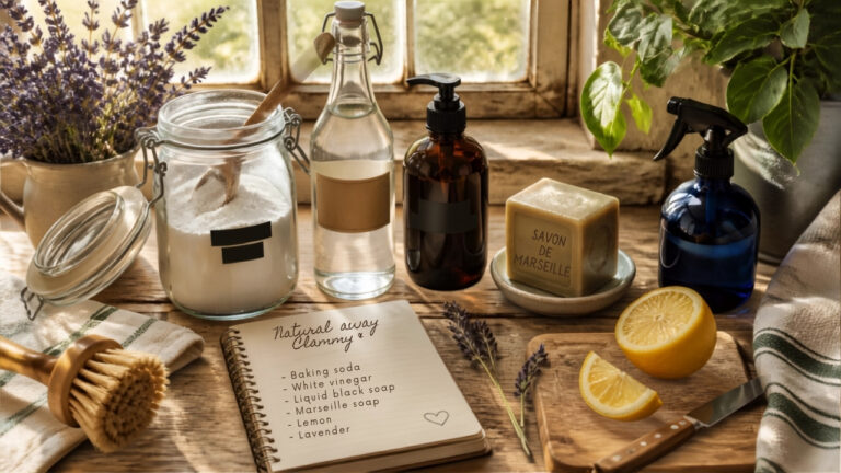 Flat-lay d'ingrédients naturels pour le ménage : bicarbonate, vinaigre blanc, savon noir, savon de Marseille, citron, lavande et pulvérisateur en verre – article sur les produits de nettoyage maison de grand-mère