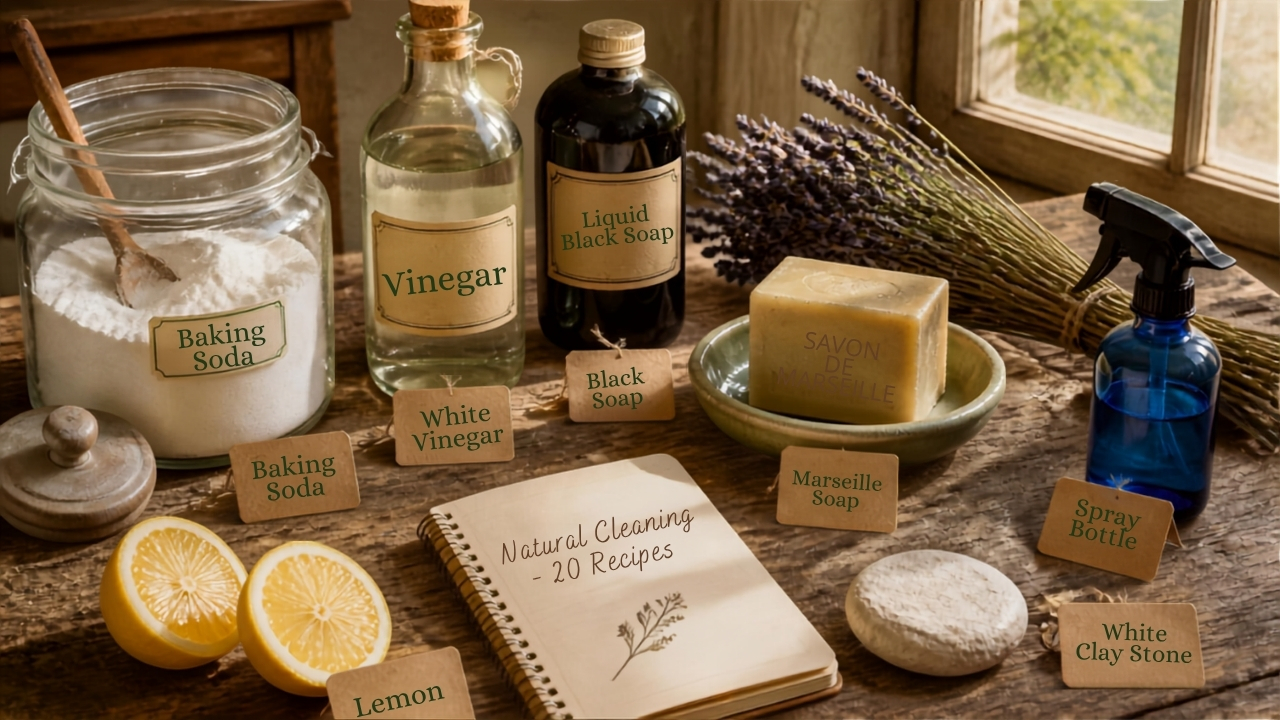 Flat-lay d'ingrédients naturels pour le ménage : bicarbonate de soude, vinaigre blanc, savon noir, savon de Marseille, citron, lavande, pulvérisateur en verre, pierre d'argile et carnet de recettes – article sur les 20 recettes de produits de nettoyage maison de grand-mère