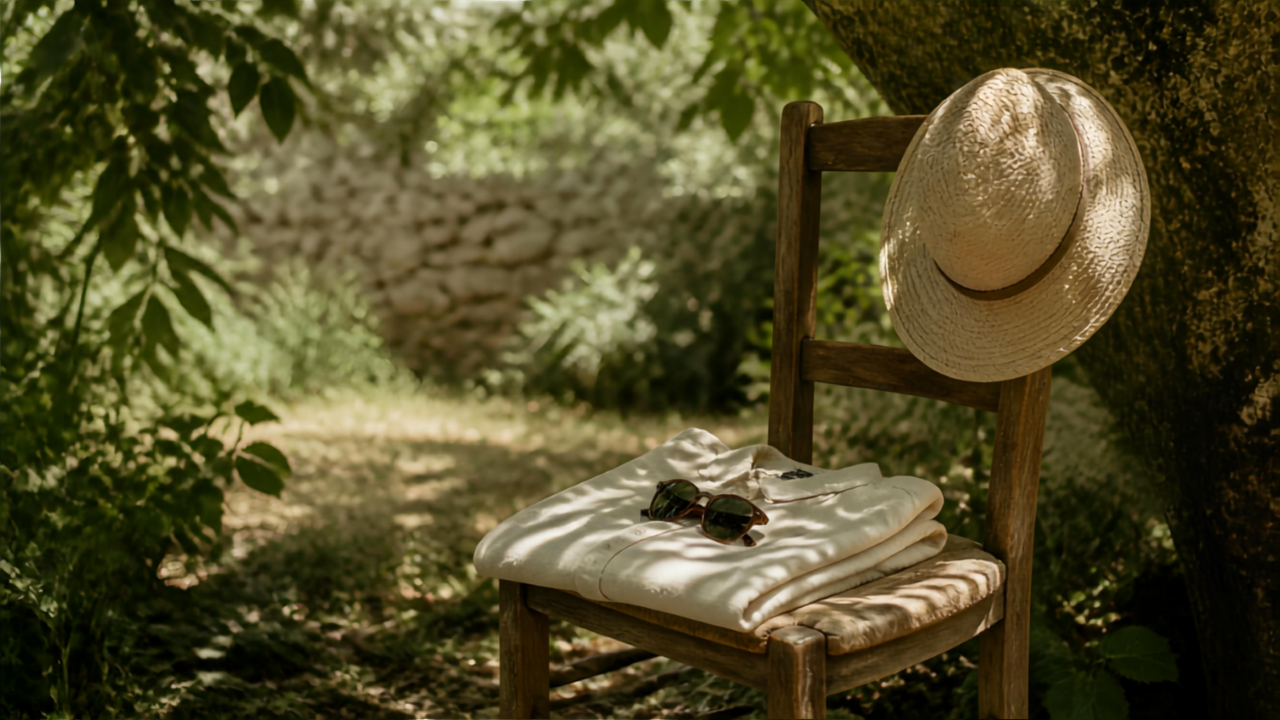 Chapeau de paille à larges bords posé sur une chaise en bois à l'ombre d'un arbre, illustration protection solaire naturelle gestes grand-mère.