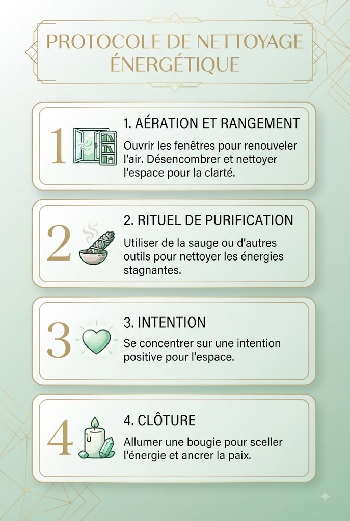 Protocole complet de nettoyage énergétique maison en 4 étapes