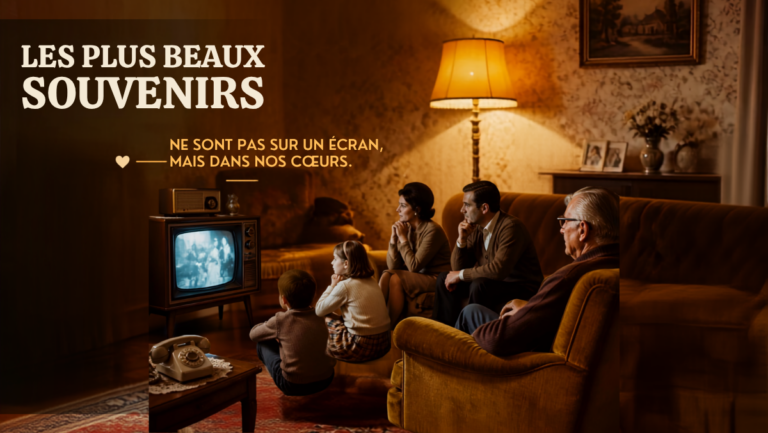 Famille française des années 1970 réunie autour d'un vieux téléviseur en bois, illustration de l'histoire de l'Étrangère