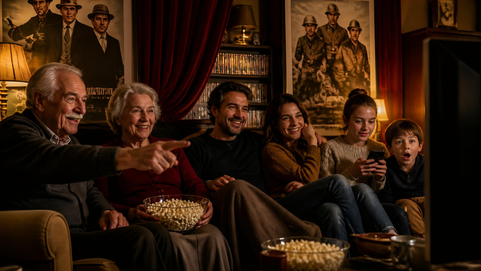 Famille française multigénérationnelle regardant un film classique lors d'une soirée quiz cinéma