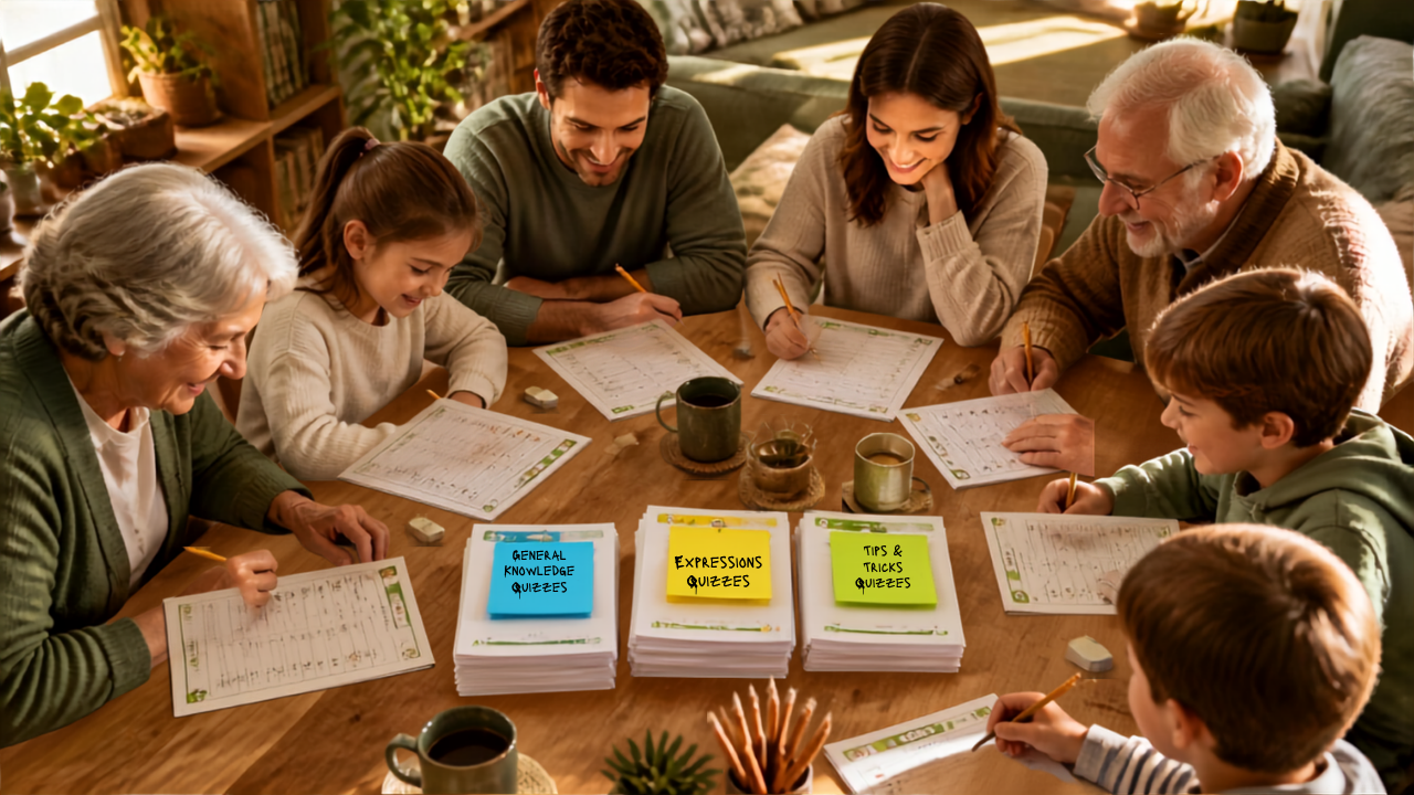 Famille multigénérationnelle faisant 3 quiz culture autour d'une table, feuilles de questions et crayons