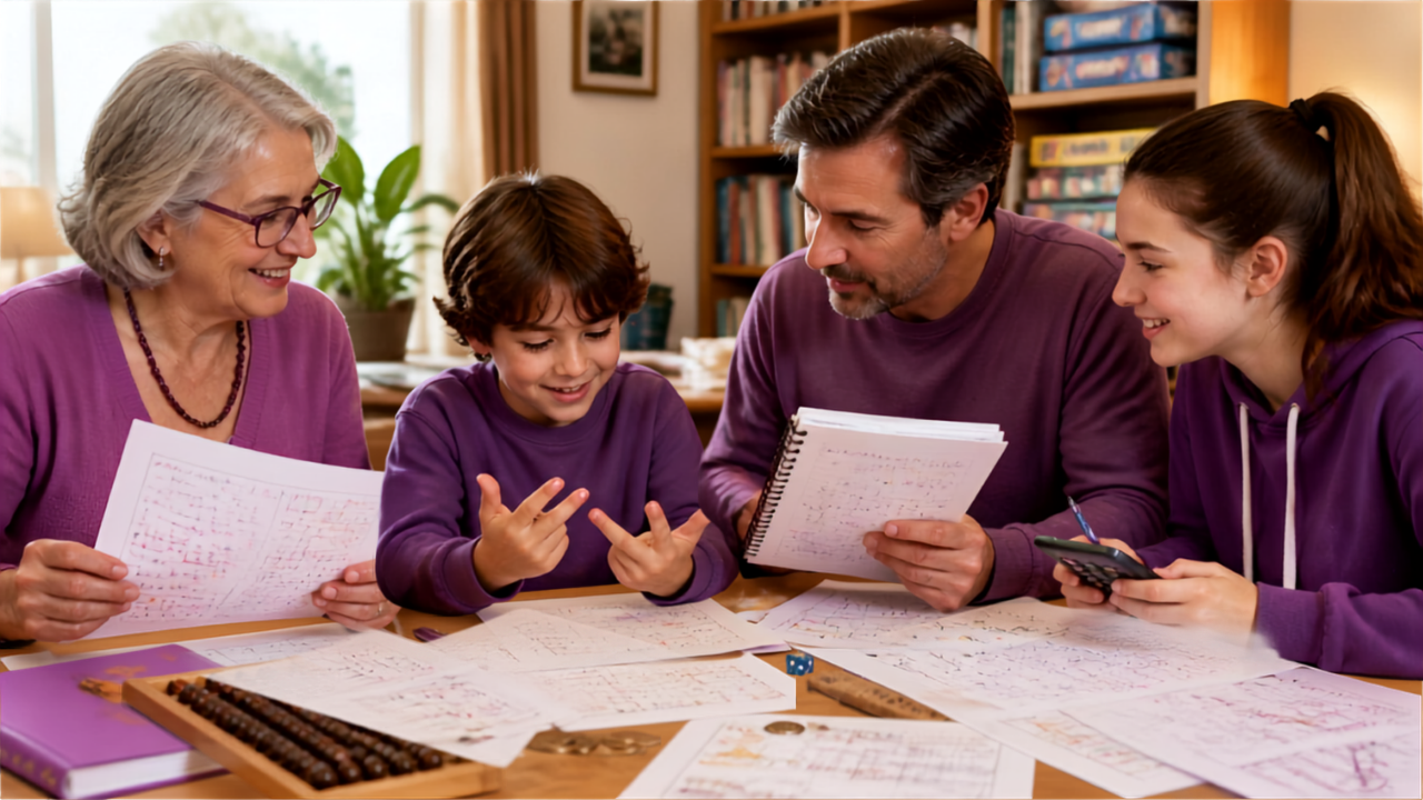 Famille française multigénérationnelle résolvant des énigmes mathématiques et problèmes de calcul autour d'une table