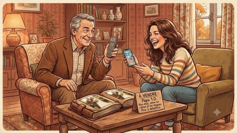Blague du père connecté : un père souriant et malicieux face à sa fille adulte qui tient un smartphone, dans un salon chaleureux - la chute « mets ton mari sur le Bon Coin »