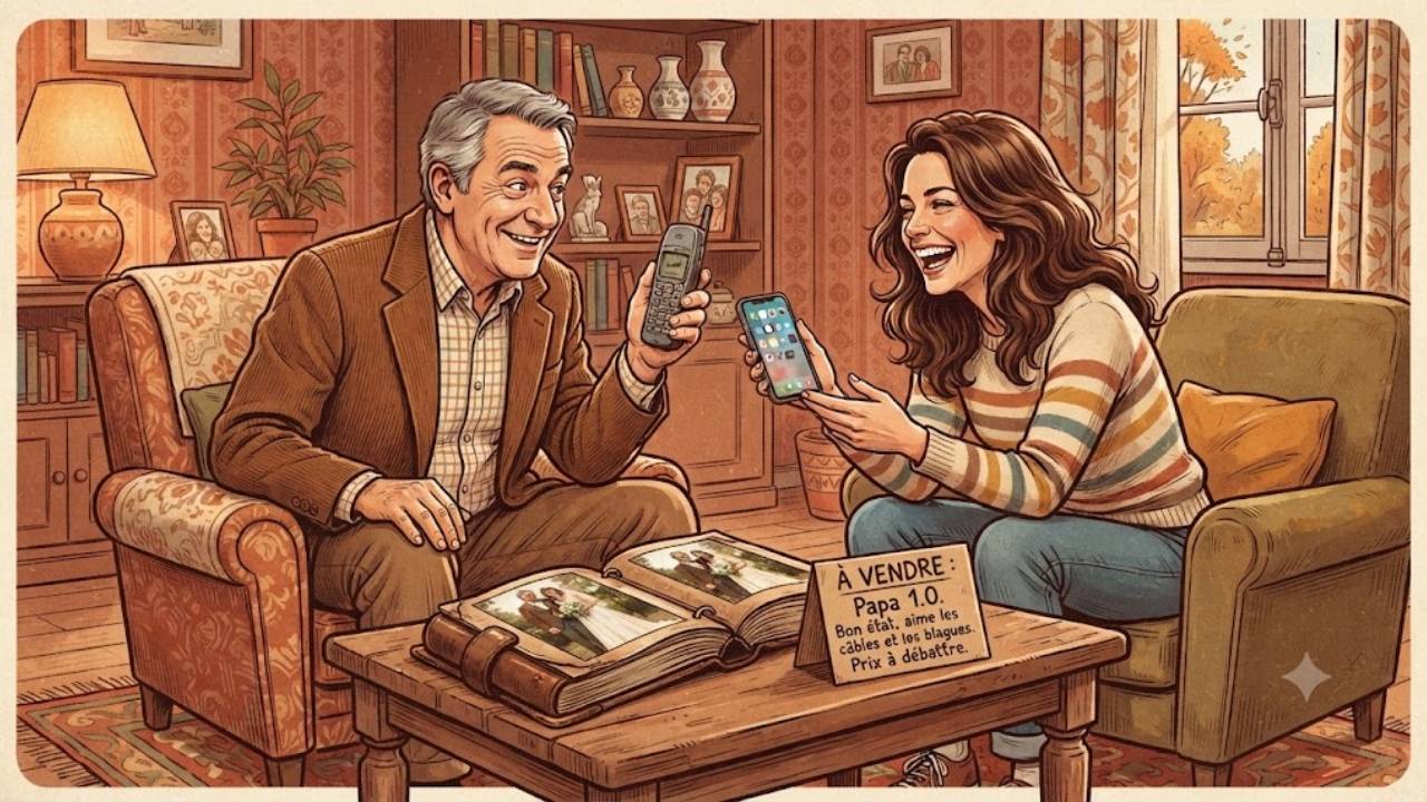 Blague du père connecté : un père souriant et malicieux face à sa fille adulte qui tient un smartphone, dans un salon chaleureux - la chute « mets ton mari sur le Bon Coin »