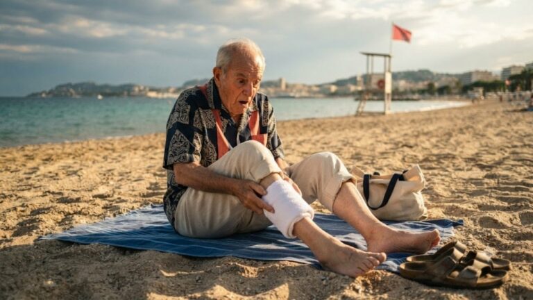 Homme de 92 ans assis sur une serviette de plage, choqué, la jambe entourée d'un linge, mer Méditerranée calme en arrière-plan - morsure de poisson sur la plage du Midi à Cannes