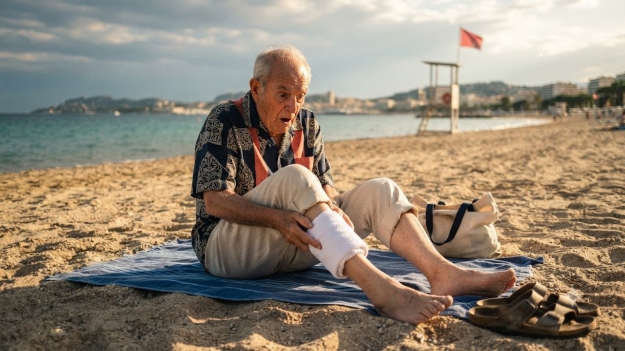 Homme de 92 ans assis sur une serviette de plage, choqué, la jambe entourée d'un linge, mer Méditerranée calme en arrière-plan - morsure de poisson sur la plage du Midi à Cannes