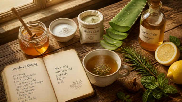 Flat-lay vintage des ingrédients des remèdes de grands-mères : miel, bicarbonate de soude, argile verte, aloe vera, vinaigre de cidre, citron, romarin, menthe, figue, tisane et carnet de recettes – article sur les 20 remèdes naturels de grands-mères