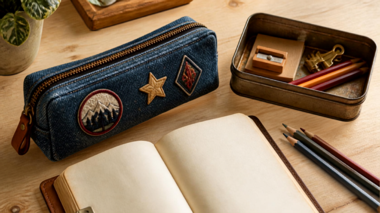 Fournitures scolaires économiques et DIY : trousse customisée, cahier réutilisé et boîte en métal sur bureau en bois