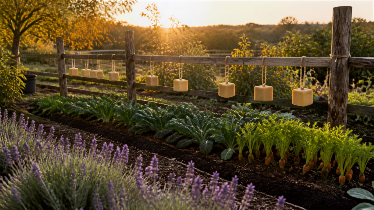 Potager protégé par savons de Marseille suspendus et marc de café en bordure, méthode naturelle de grand-mère pour repousser les sangliers sans clôture.
