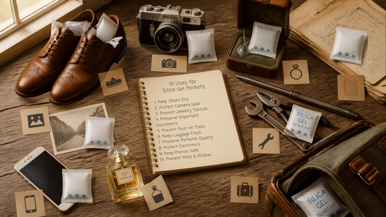Flat-lay vintage de sachets de silice disposés autour d'objets du quotidien : chaussures, appareil photo, bijoux, photos, outils, valise, cosmétiques, téléphone – article sur les 10 utilisations surprenantes des sachets de silice