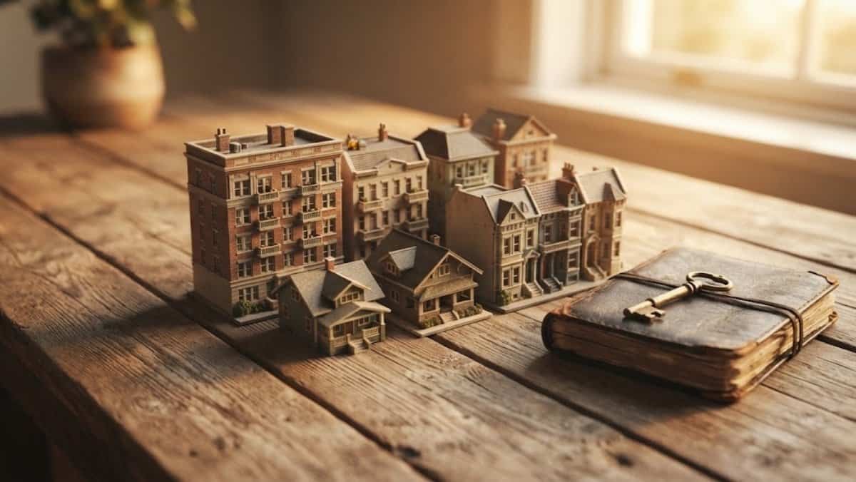 Maquettes d'immeubles anciens et maisonnettes sur une table en bois rustique avec une clé en laiton, évoquant l'investissement immobilier passif.