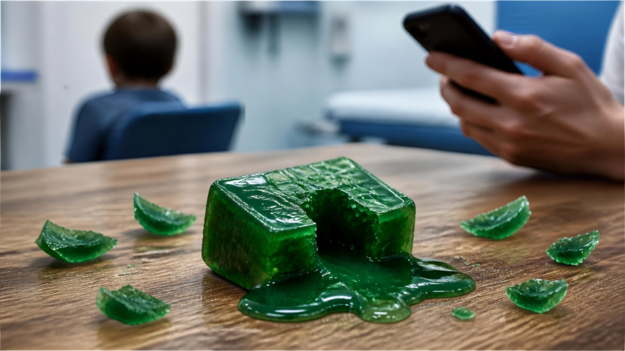 Cube squishy vert éclaté sur une table en bois, gel visqueux s'écoulant, avec une silhouette d'enfant en arrière-plan – illustration des risques de brûlure par jouet sensoriel