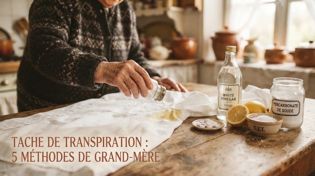 Main de grand-mère saupoudrant du bicarbonate sur des auréoles jaunes de transpiration - 5 méthodes de grand-mère