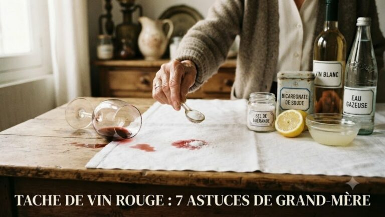 Main de grand-mère saupoudrant du sel sur une tache de vin rouge sur une nappe blanche - 7 astuces de grand-mère