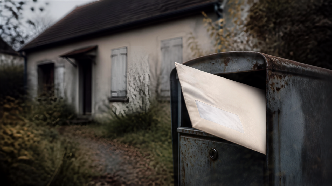 Boîte aux lettres d'une maison vide avec une enveloppe des impôts, illustration du litige sur la taxe d'habitation d'un logement squatté.