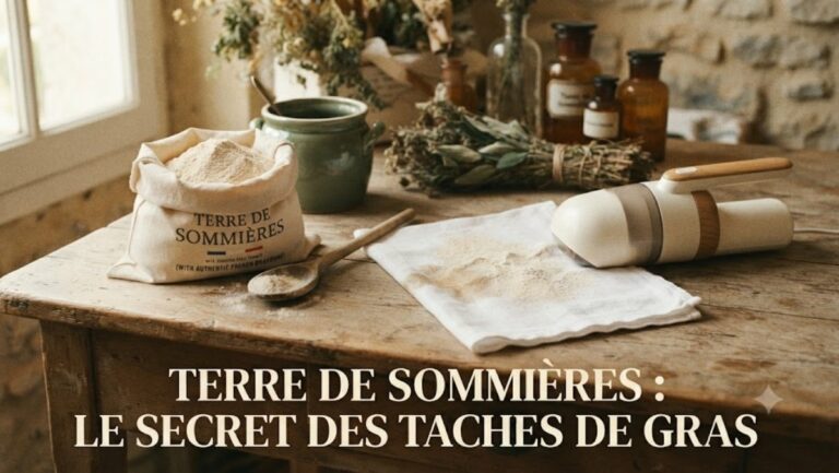 Sac de Terre de Sommières, cuillère en bois, tissu blanc avec tache de gras - le détachant miracle de grand-mère