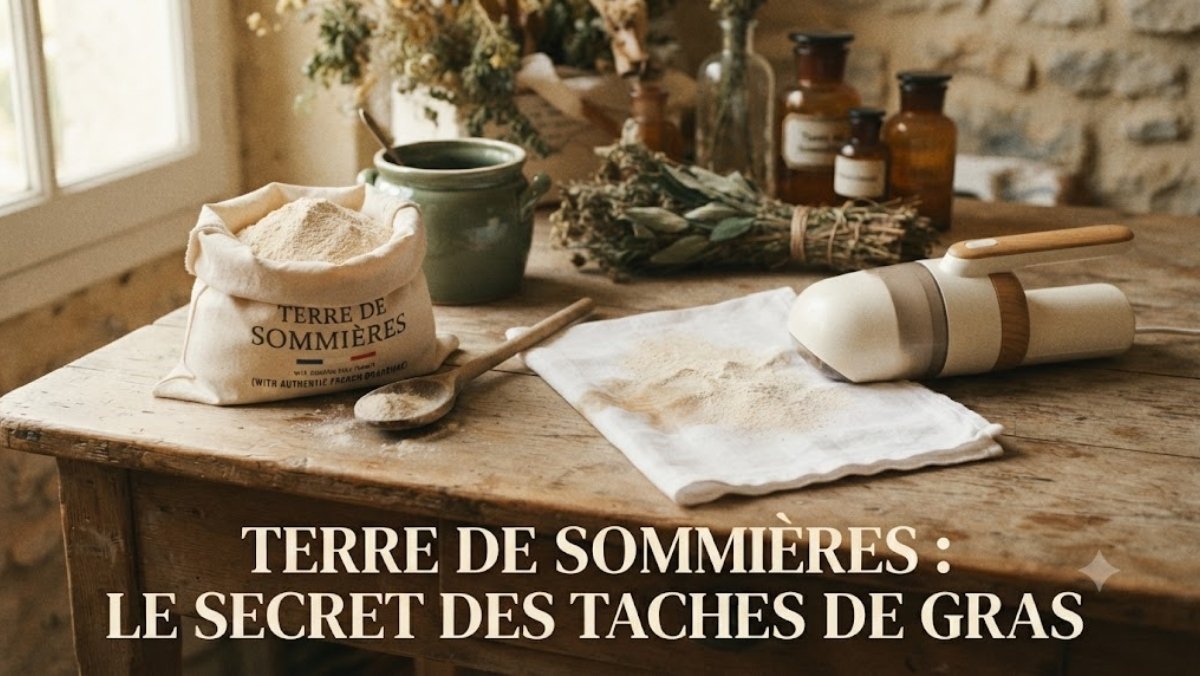 Sac de Terre de Sommières, cuillère en bois, tissu blanc avec tache de gras - le détachant miracle de grand-mère