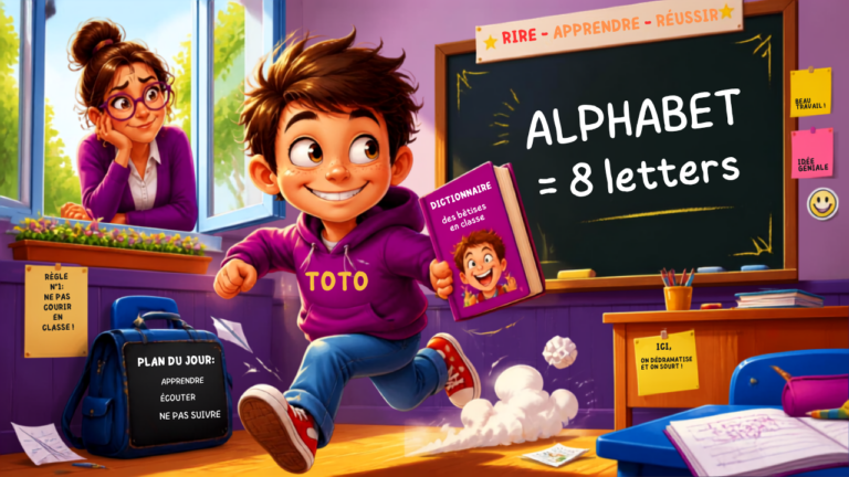 Infographie humoristique montrant 4 blagues cultes de Toto sur les jeux de mots : poursuite des études, alphabet, douche et horodateurs