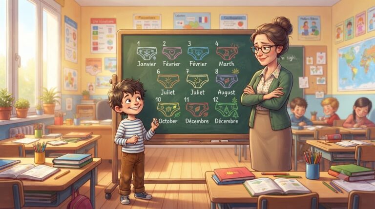 Toto devant un tableau noir montrant un calendrier de slips, avec une maîtresse exaspérée dans une salle de classe française colorée