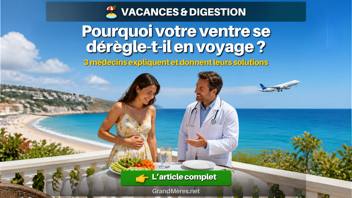 Femme en vacances se tenant le ventre, médecin en blouse à côté d'elle, plage et avion en arrière-plan – illustration des troubles du transit en voyage