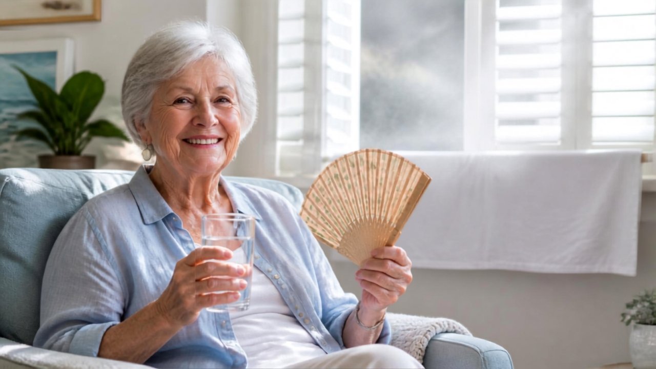 Personne âgée protégée de la canicule avec verre d'eau et astuces naturelles de grand-mère pour rafraîchir la maison