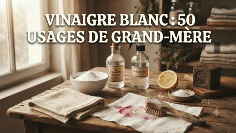 Composition d'ingrédients de grand-mère avec du vinaigre blanc, bicarbonate, citron, sel, savon noir et chiffon - le guide complet des 50 usages du vinaigre blanc