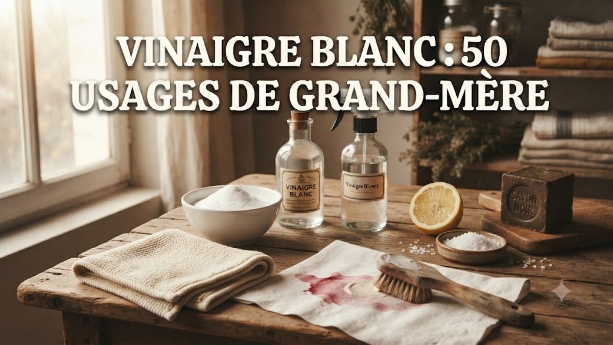 Composition d'ingrédients de grand-mère avec du vinaigre blanc, bicarbonate, citron, sel, savon noir et chiffon - le guide complet des 50 usages du vinaigre blanc