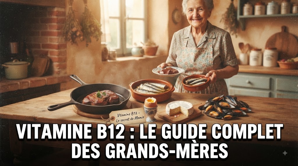 Grand-mère dans sa cuisine avec des aliments riches en vitamine B12 : foie, sardines, œuf, camembert, moules - guide complet des grands-mères